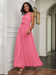 A-Line Jewel Neckline Tulle Dress Watermelon Plus Size