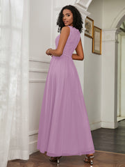 A-Line Jewel Neckline Tulle Dress Wisteria