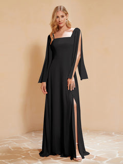 A-Line Pleated Chiffon Dress with Flutter Sleeves Black