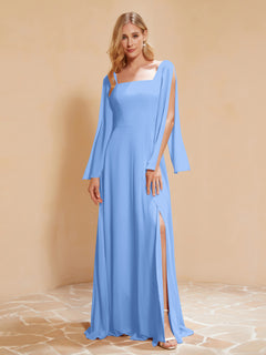 A-Line Pleated Chiffon Dress with Flutter Sleeves Blue