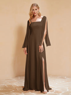 A-Line Pleated Chiffon Dress with Flutter Sleeves Brown
