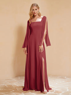 A-Line Pleated Chiffon Dress with Flutter Sleeves Burgundy