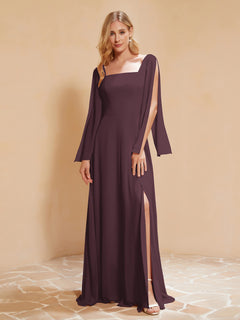 A-Line Pleated Chiffon Dress with Flutter Sleeves Cabernet