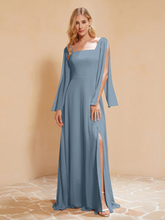 A-Line Pleated Chiffon Dress with Flutter Sleeves Dusty Blue