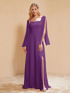 A-Line Pleated Chiffon Dress with Flutter Sleeves Grape