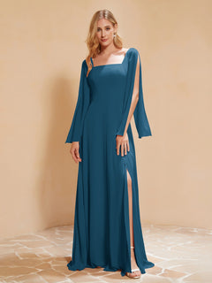 A-Line Pleated Chiffon Dress with Flutter Sleeves Ink Blue