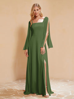 A-Line Pleated Chiffon Dress with Flutter Sleeves Moss