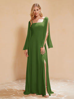 A-Line Pleated Chiffon Dress with Flutter Sleeves Moss