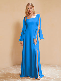 A-Line Pleated Chiffon Dress with Flutter Sleeves Ocean Blue