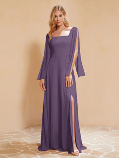 A-Line Pleated Chiffon Dress with Flutter Sleeves Plum