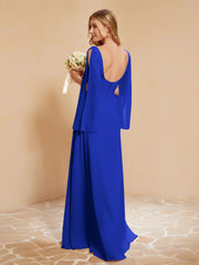A-Line Pleated Chiffon Dress with Flutter Sleeves Royal Blue