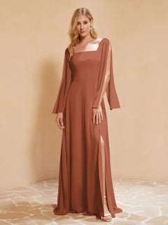 A-Line Pleated Chiffon Dress with Flutter Sleeves Rust