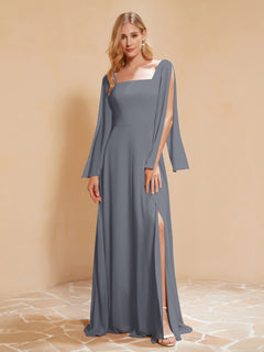 A-Line Pleated Chiffon Dress with Flutter Sleeves Steel Grey