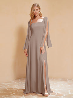 A-Line Pleated Chiffon Dress with Flutter Sleeves Taupe