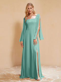 A-Line Pleated Chiffon Dress with Flutter Sleeves Turquoise