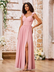 Ruffle Shoulder Straps Sweetheart Neck Chiffon Boho Dresses Dusty Rose