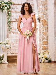 Ruffle Shoulder Straps Sweetheart Neck Chiffon Boho Dresses Dusty Rose