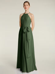 Halter Chiffon Dress with Bow Sash Olive Green