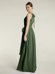 Halter Chiffon Dress with Bow Sash Olive Green