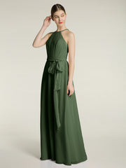 Halter Chiffon Dress with Bow Sash Olive Green