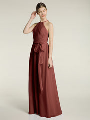 Halter Chiffon Dress with Bow Sash Terracotta