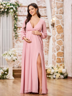 Elegant A-line V-neck Long Sleeves Chiffon Dresses with Slit Dusty Rose