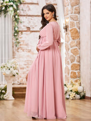 Elegant A-line V-neck Long Sleeves Chiffon Dresses with Slit Dusty Rose