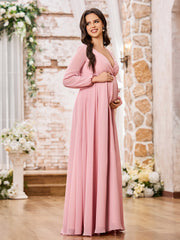 Elegant A-line V-neck Long Sleeves Chiffon Dresses with Slit Dusty Rose