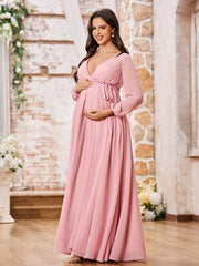 Elegant A-line V-neck Long Sleeves Chiffon Dresses with Slit Dusty Rose