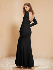 Long Sleeves Mermaid Chiffon Gown with Slit Black