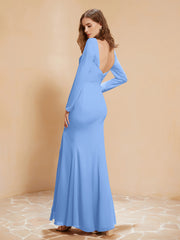 Long Sleeves Mermaid Chiffon Gown with Slit Blue