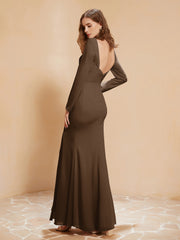 Long Sleeves Mermaid Chiffon Gown with Slit Brown