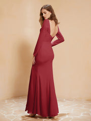 Long Sleeves Mermaid Chiffon Gown with Slit Burgundy