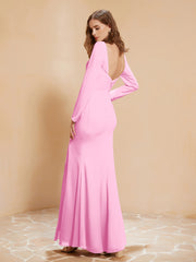 Long Sleeves Mermaid Chiffon Gown with Slit Candy Pink