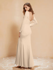 Long Sleeves Mermaid Chiffon Gown with Slit Champagne
