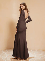 Long Sleeves Mermaid Chiffon Gown with Slit Chocolate