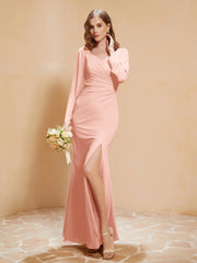Long Sleeves Mermaid Chiffon Gown with Slit Coral