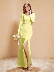 Long Sleeves Mermaid Chiffon Gown with Slit Daffodil