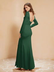 Long Sleeves Mermaid Chiffon Gown with Slit Dark Green