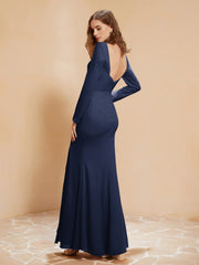 Long Sleeves Mermaid Chiffon Gown with Slit Dark Navy