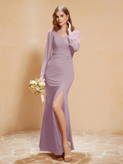 Long Sleeves Mermaid Chiffon Gown with Slit Dusk