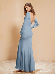 Long Sleeves Mermaid Chiffon Gown with Slit Dusty Blue