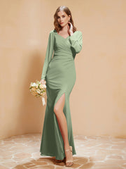 Long Sleeves Mermaid Chiffon Gown with Slit Dusty Sage