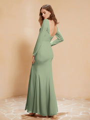 Long Sleeves Mermaid Chiffon Gown with Slit Dusty Sage
