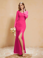 Long Sleeves Mermaid Chiffon Gown with Slit Fuchsia