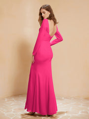 Long Sleeves Mermaid Chiffon Gown with Slit Fuchsia