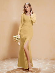 Long Sleeves Mermaid Chiffon Gown with Slit Gold