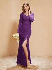 Long Sleeves Mermaid Chiffon Gown with Slit Grape
