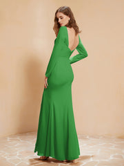 Long Sleeves Mermaid Chiffon Gown with Slit Green