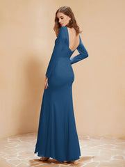 Long Sleeves Mermaid Chiffon Gown with Slit Ink Blue